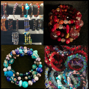 Collage of different styled bracelets & bangles, including beaded memory wire, single strand with gemstones & boho style fabric.