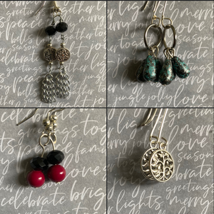collage of 4 different pairs of silver/coloured drop earrings