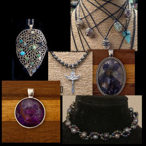 Collage of different styles of pendants & necklaces, including glass domed, wire work, beaded &gemstones.