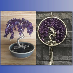 Amethyst & silver wire bonsai tree and Tree of Life ornamental hanging.